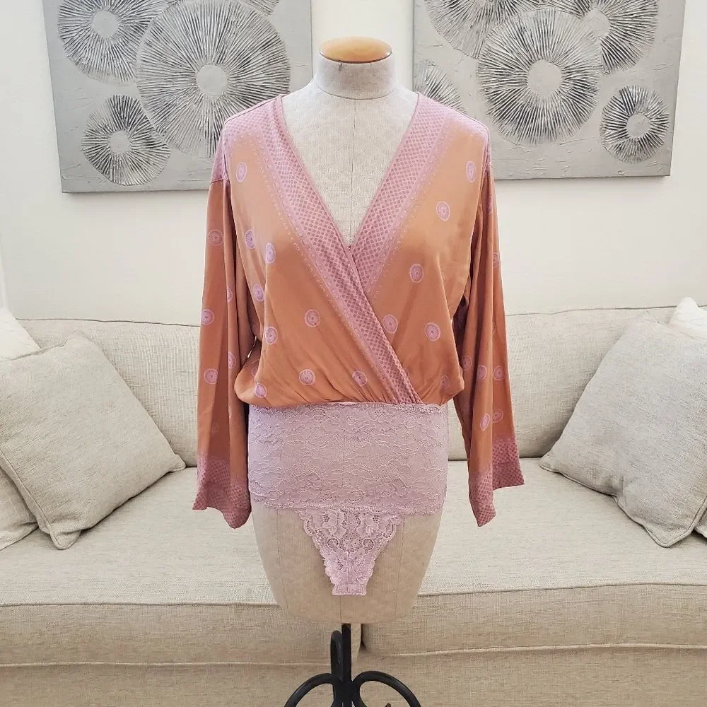 Free People On Board Bodysuit size Small in Orange/Pink